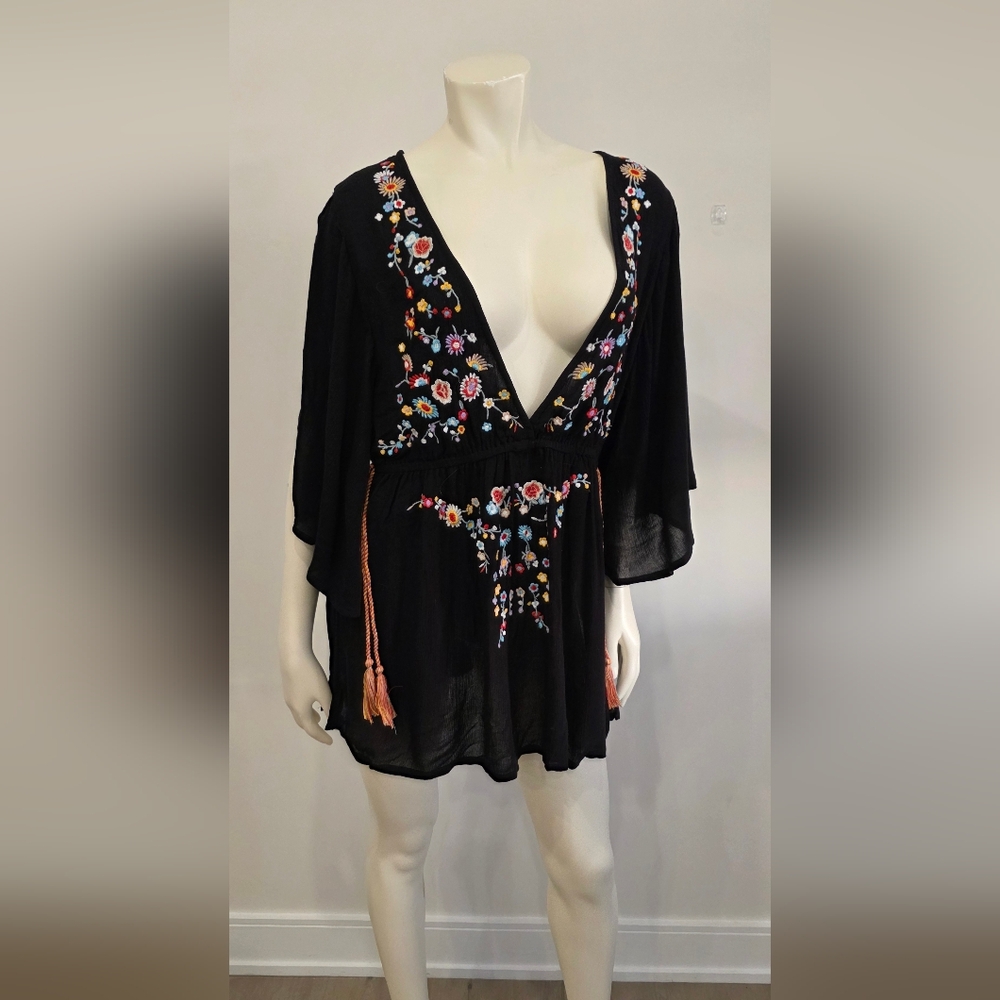 Topshop Black Floral Embroibery Swim Coverup